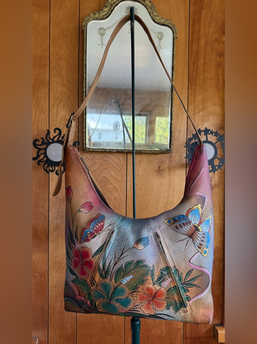 Anuschka Butterflies & Flowers Hand Painted Genuine Leather Shoulder Bag